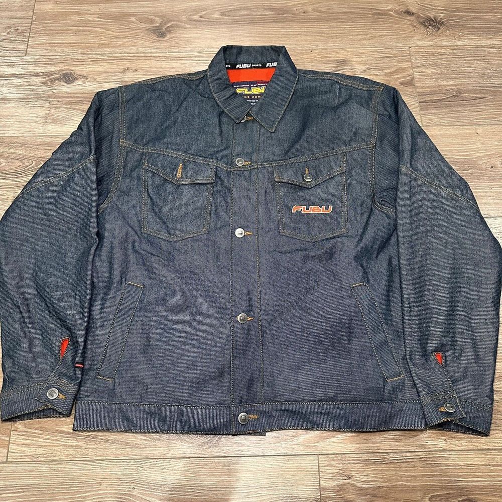 Vintage‎ Fubu Sport Denim Jacket Blue Jean Trucker Org Fleece Lined Y2K Youth XL
